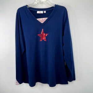 Quacker Factory Patriotic Top Shirt XL Blue Red Sequin Star Stripes Long Sleeve